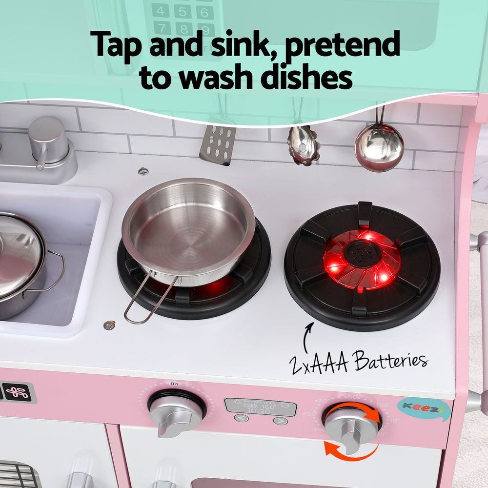 Keezi Kids Houten Speelkeuken Set – Speelgoed om te Koken, Inclusief Pan, IJs, Kopje, Oven en Schoolbord, 80 cm, Roze